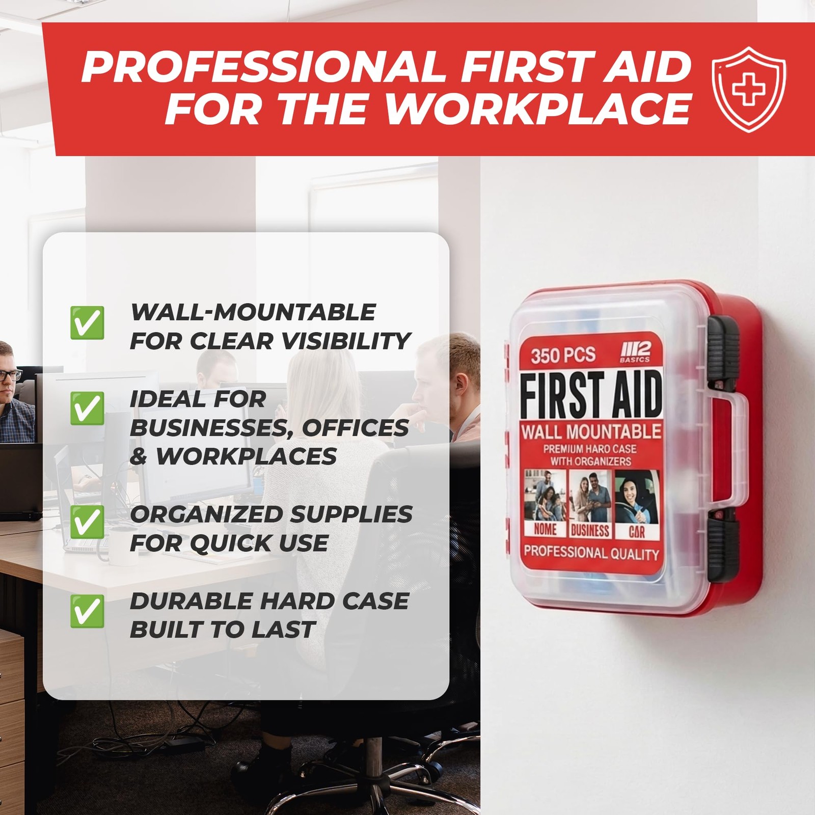 M2 BASICS 350 Piece Professional Wall-Mount First Aid Kit, 350 Set, Red