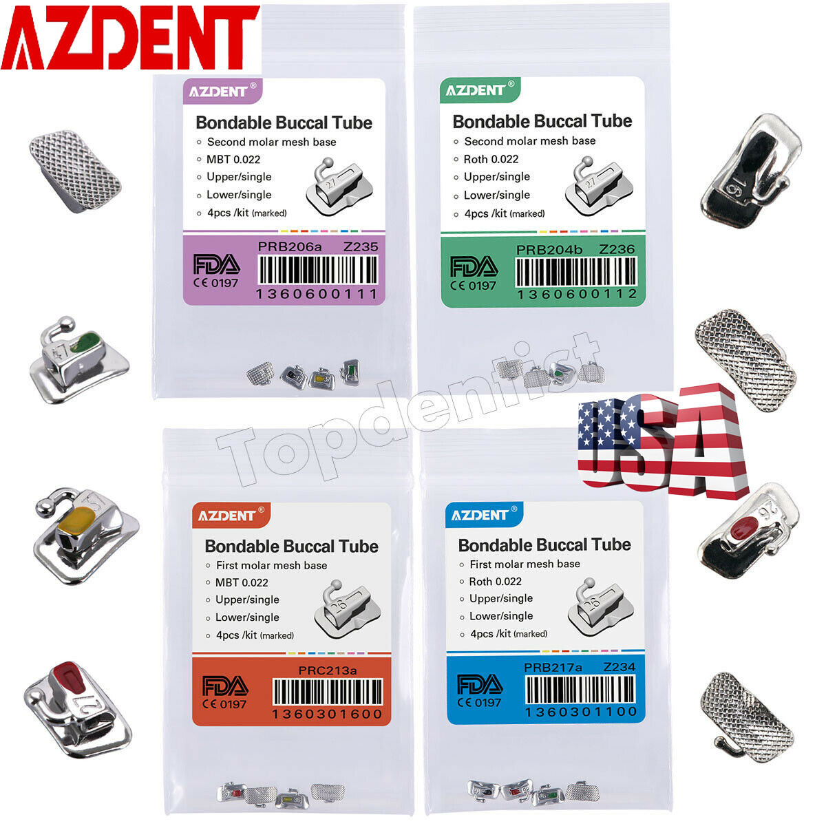 AZDENT Dental Orthodontic Bondable Buccal Tubes MBT/Roth 022 1st Molar Non-Conv