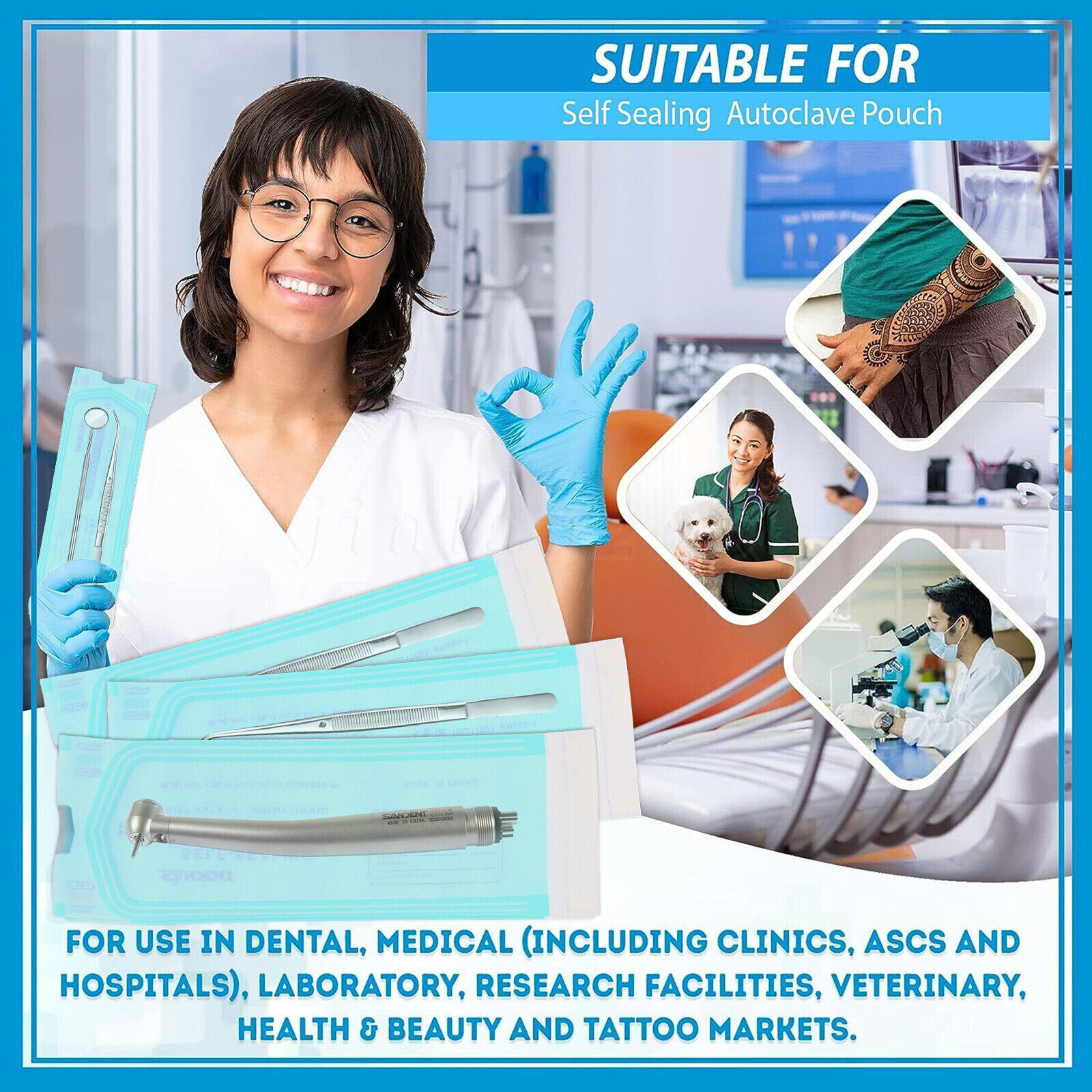 200 Self-Sealing Sterilization Pouch, 3.5″ x 10″ Paper/Blue Film (1 Box)