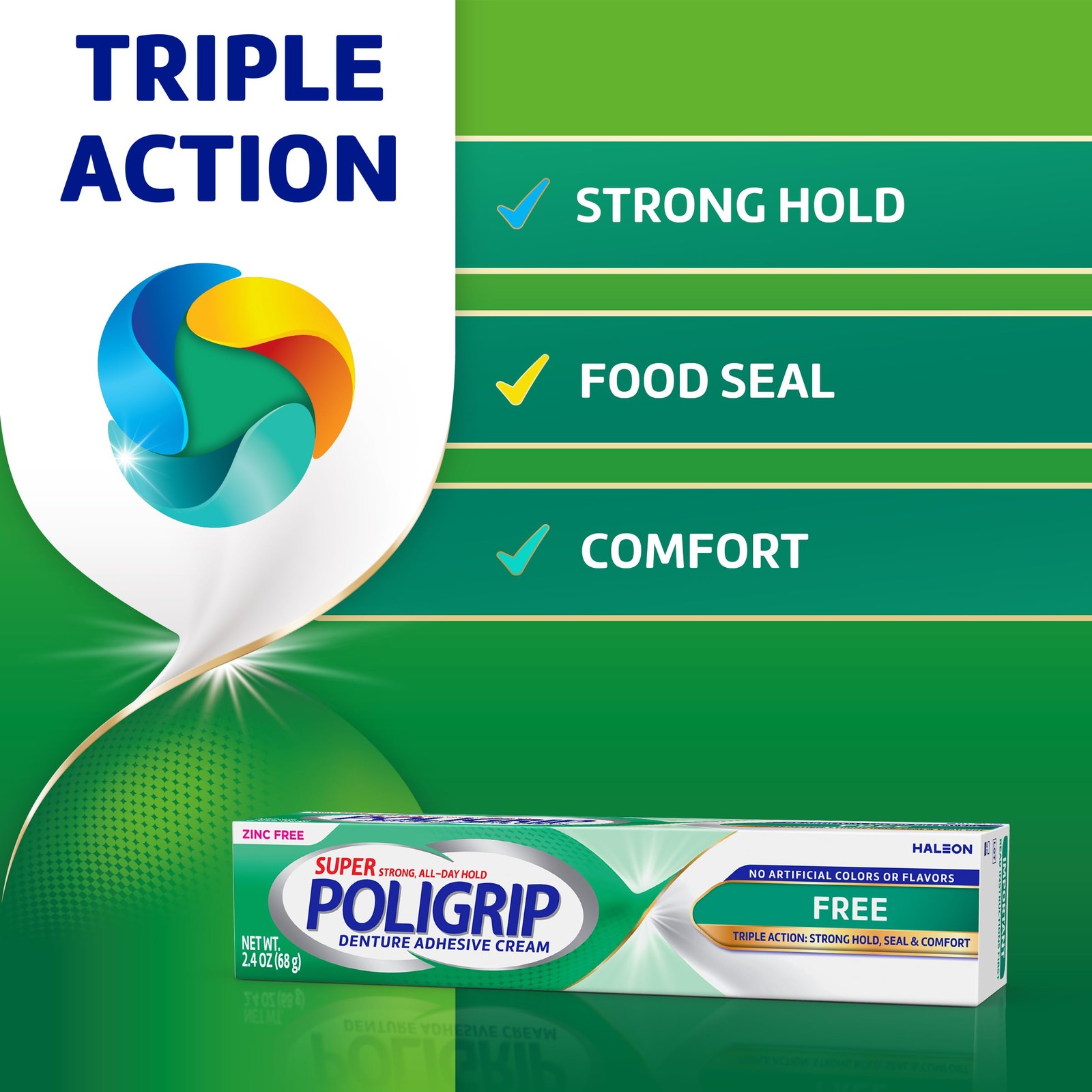 Poligrip Free Denture Adhesive Cream, Strong All 2.4 Ounce (Pack of 4), White