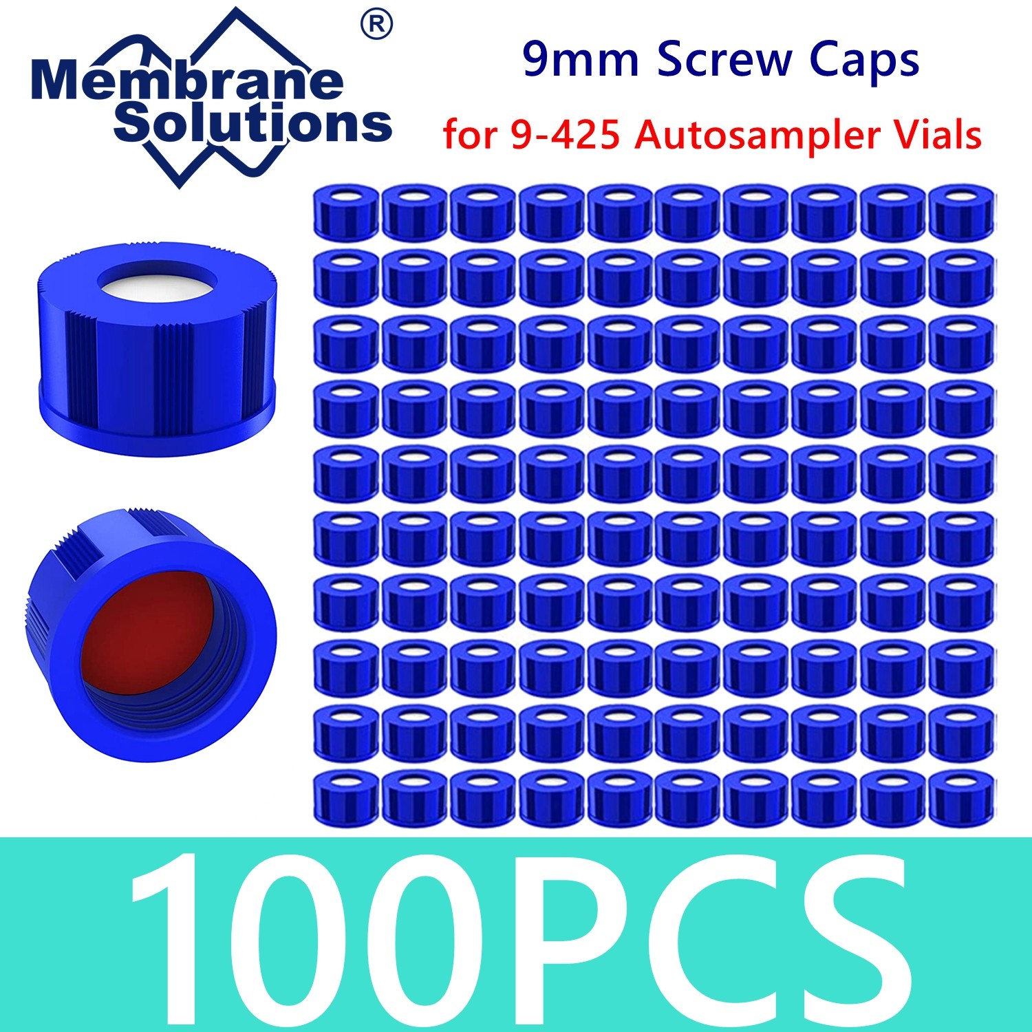 9mm Blue Screw Caps Teflon/Rubber Liner Red PTFE for 9-425 LAB Vials HPLC/GC