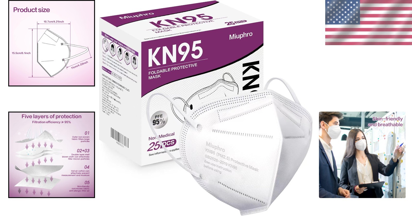5-Ply KN95 Safety Masks – Disposable, Breathable, Pack of 25 for Men & Women