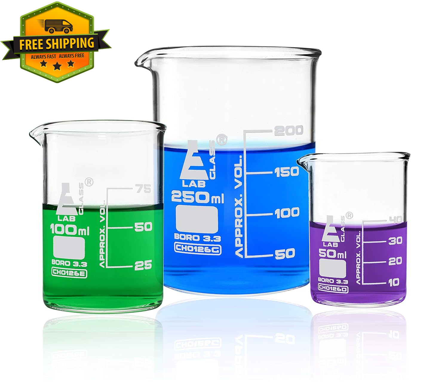 3 Piece Glass Beaker Set 50mL 100mL 250mL Borosilicate Lab Classroom Use