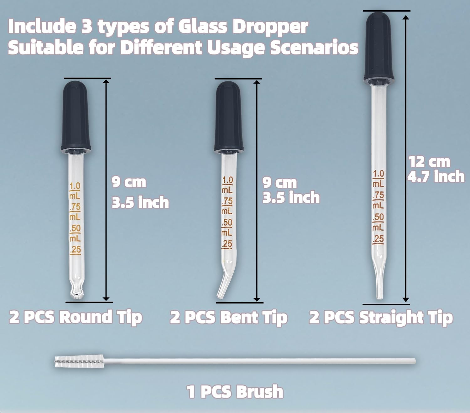 6 Pack Glass Pipette Dropper with Brush – Bent & Straight Tips 1 ml Eye Droppers