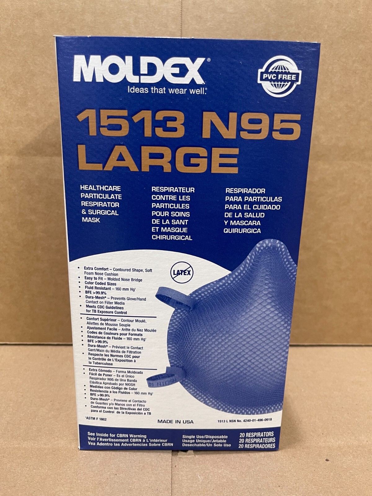 Moldex N95 Respirator surgical Masks, Box of 20 # 1513, Large, Exp. Date 09/2030