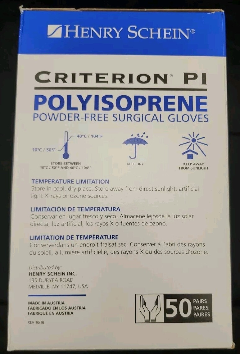 1 Box Criterion PI Polyisoprene Powder Free Sterile Surgical Gloves Size: 7