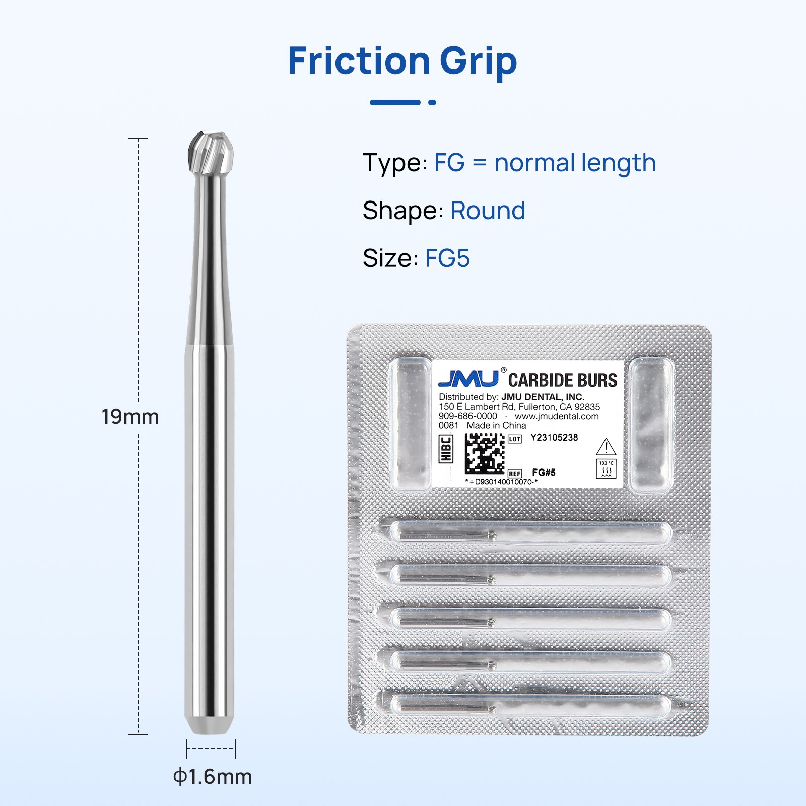 5/pk Dental Carbide Burs FG RA 1-5# Round Cone Burs for High Speed Handpiece