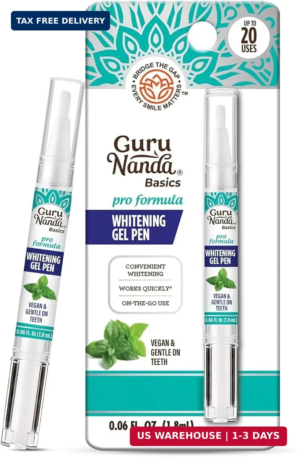 GuruNanda Teeth Whitening Pen,(0.06 fl oz)-20 Uses, Vegan & Gentle on Teeth Pro