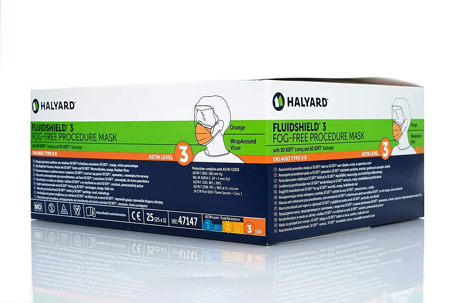 *100-Pieces* Halyard FluidShield Level 3 Visor Procedure Face Mask Orange 47147