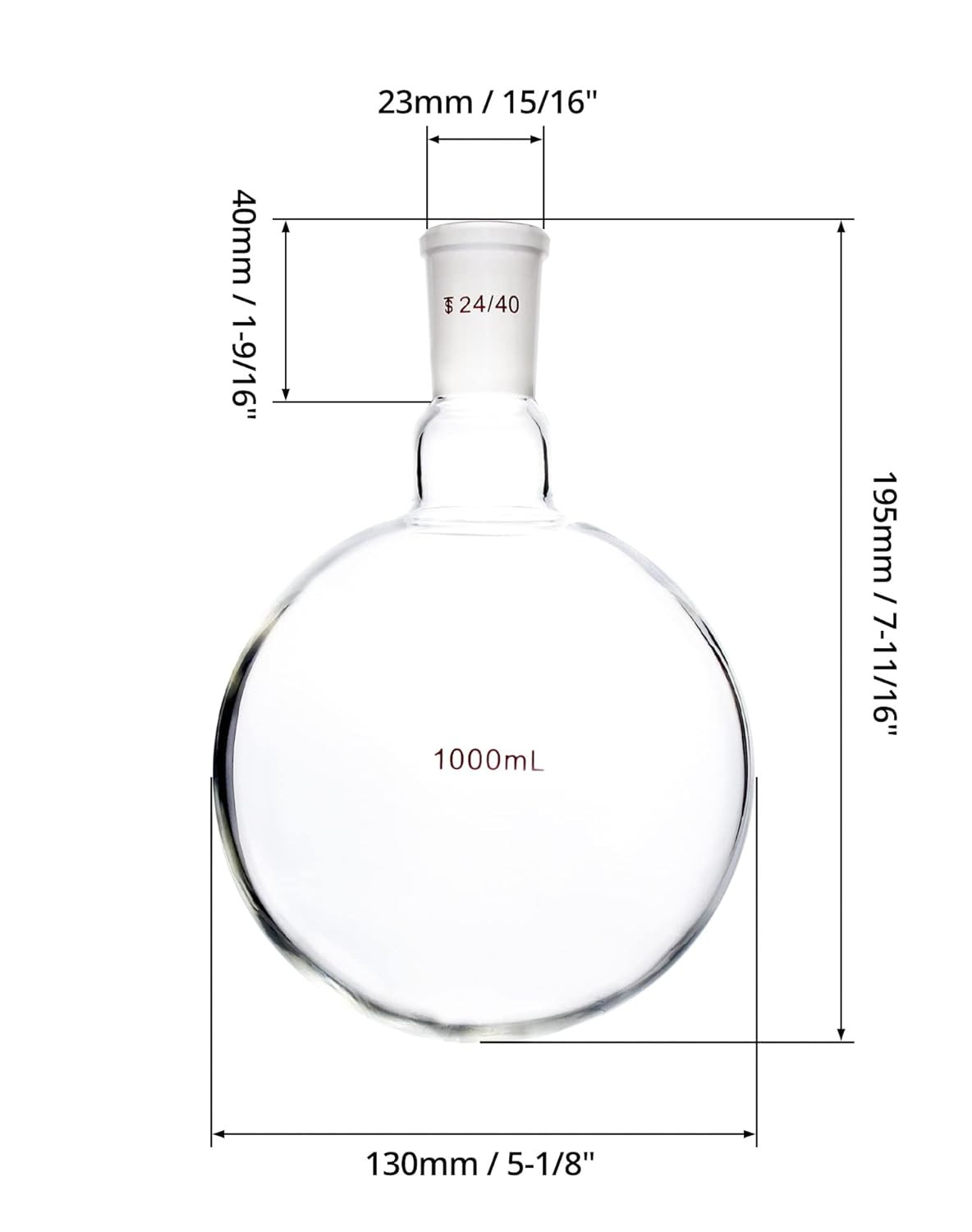 1000mL Round Bottom Boiling Flask 24/40 Single Neck Borosilicate Glass Flask Lab