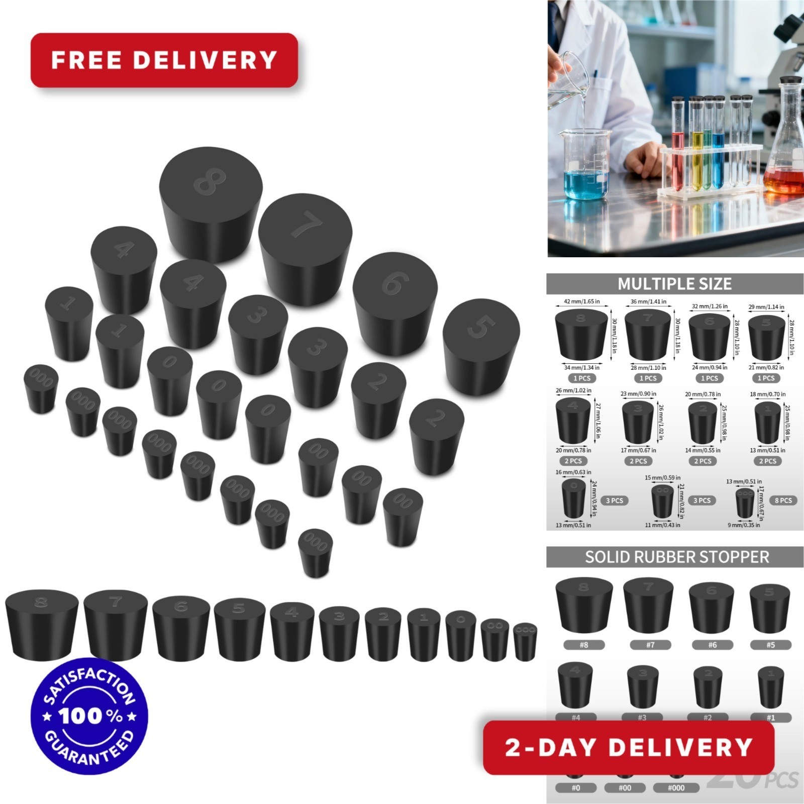 26 Pack Solid Rubber Stoppers – Assorted Sizes for Lab Use