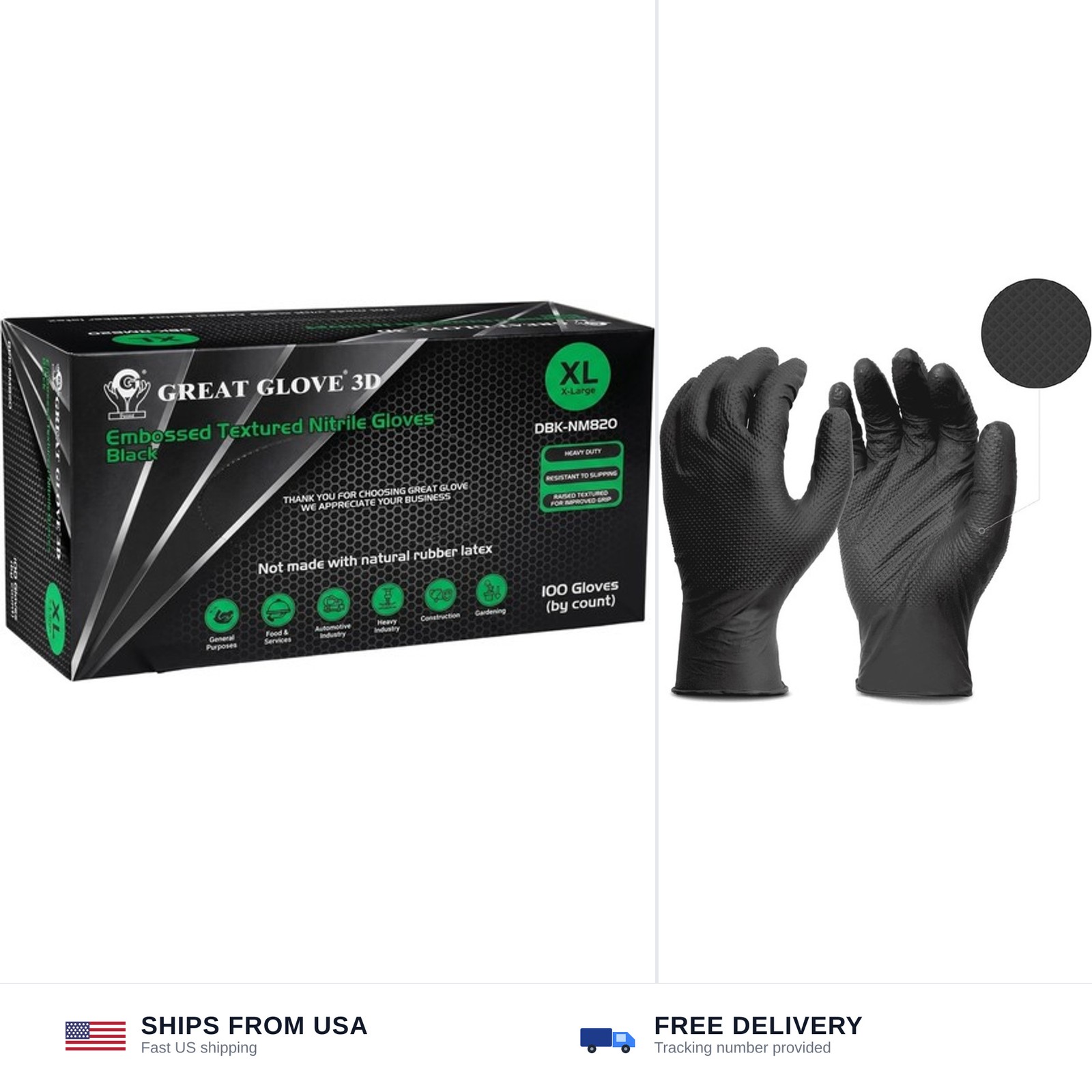 GUS Black 8 Mil Diamond Grip Nitrile Disposable Gloves – Large, 100