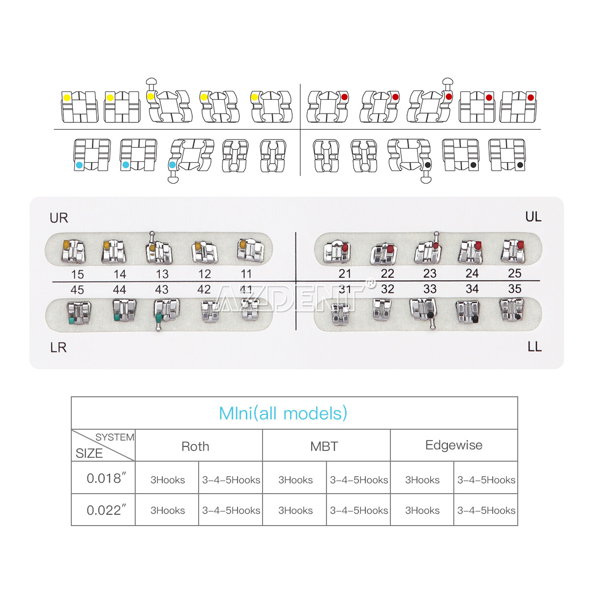 AZDENT Dental Ortodontic Bracket Metal Brackets 20Pcs/pack Mini MBT 022 & 3 Hook