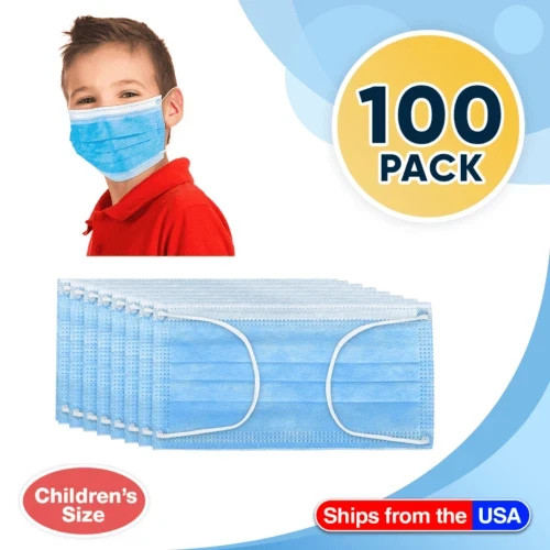 Disposable Kids Face Mask Child Size Pleated 3 Ply – 100 Pieces Children – BLUE