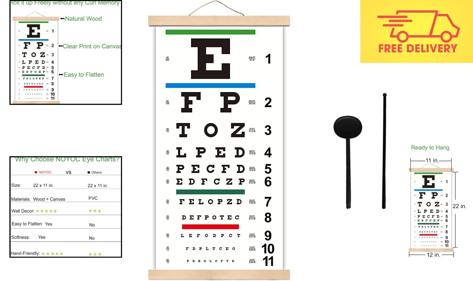 22×11 Framed Snellen Eye Chart with Eye Occluder – Perfect for Learning & Decor