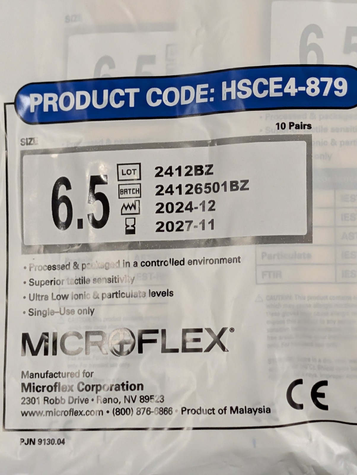 Microflex HSCE4-879 Sterile Latex Cleanroom Gloves Size 6.5 – 5 packs = 50 pair