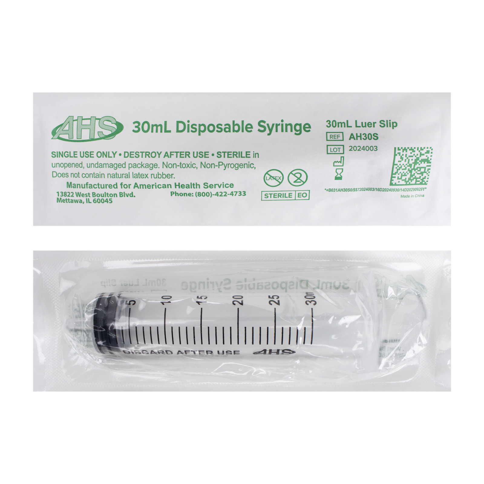 AHS 30ml (30cc) Luer Slip Eccentric Syringe, 300/Case