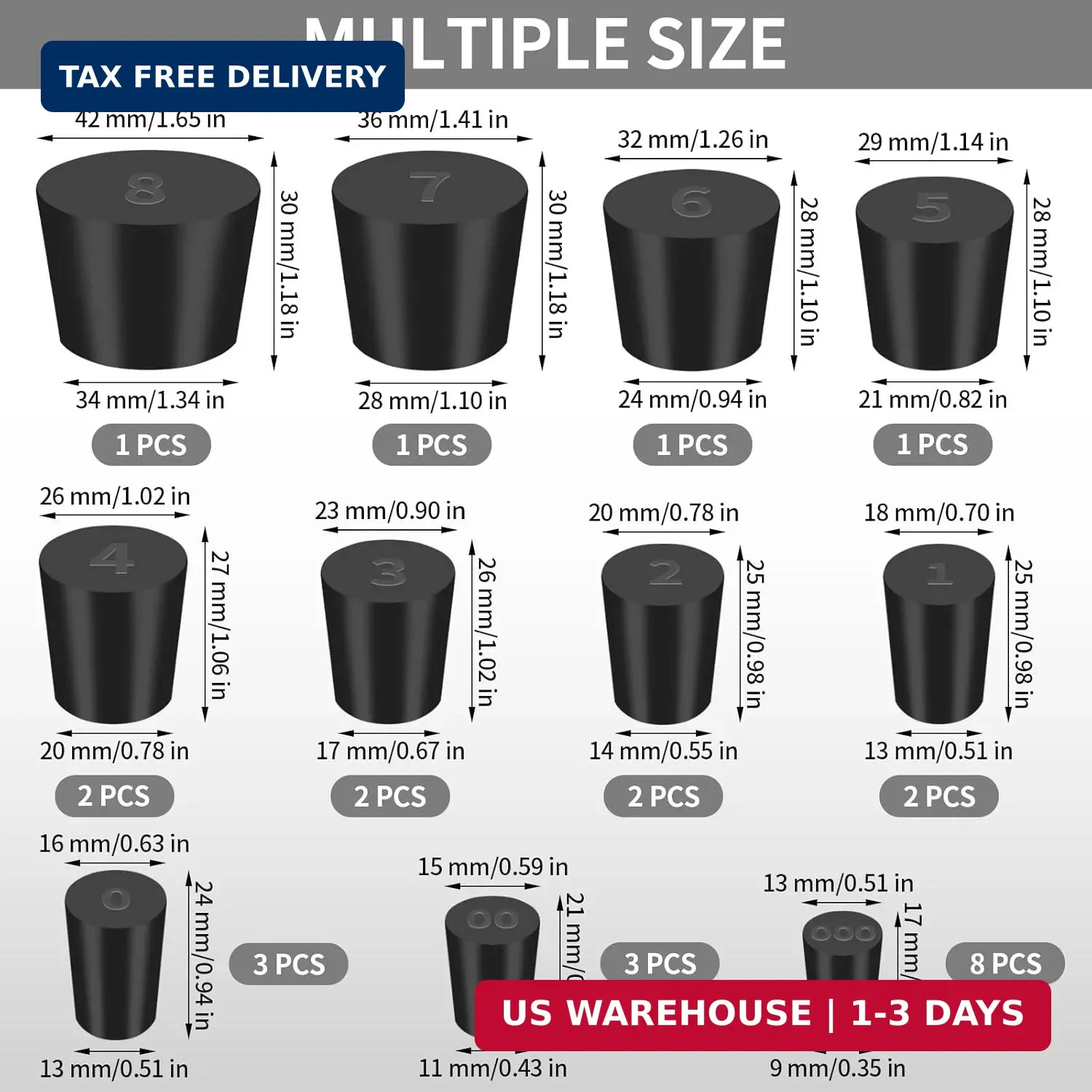 Aleric 26 Pack Solid Rubber Stoppers – 11 Assorted Sizes Stopper Plugs, 000# – 8
