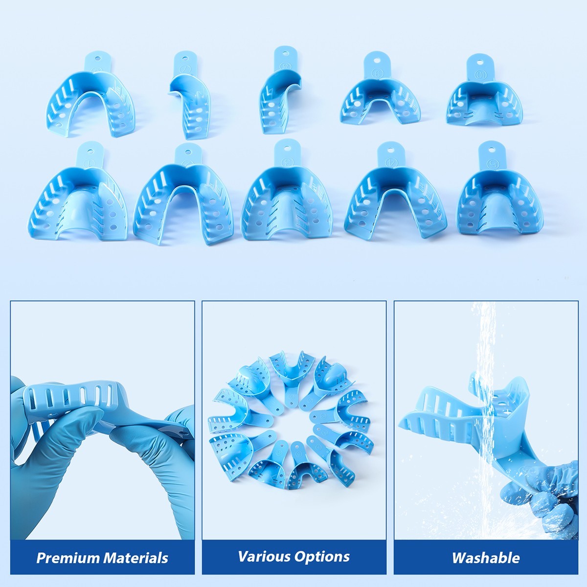 Bag of 12 Dental Impression Trays Plastic Perforated S/M/L Upper/Lower