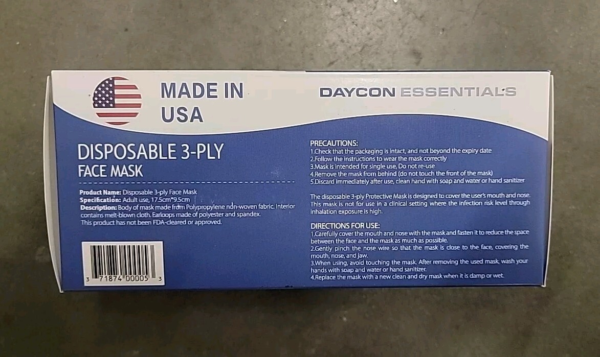 Daycon Essentials Disposable 3-PLY Face Mask, One size Fits Most (50 Count)