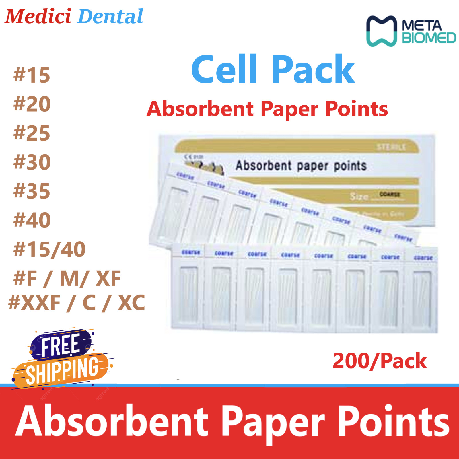 Dental Absorbent Paper Points CELL PACK Point, All Sizes, Meta Biomed, 200/Pack