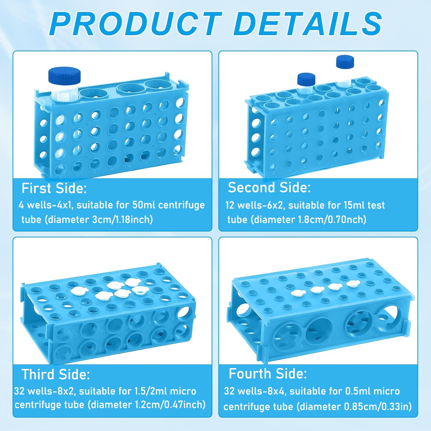 5 Pcs 4 Way Plastic Tube Rack Colorful Lab Tube Racks 0.5ml/1.5ml/2ml/15ml/50ml