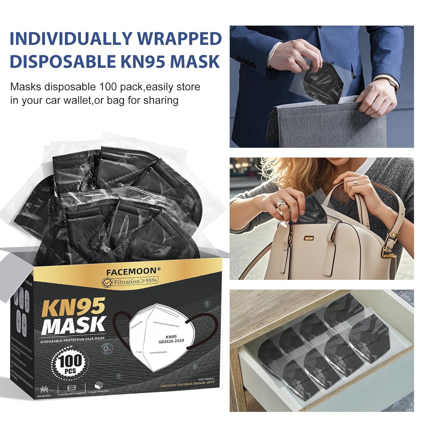 KN95 Face Masks Black Adults – 100 Pack KN95 Disposable Comfortable 5-Layer S…
