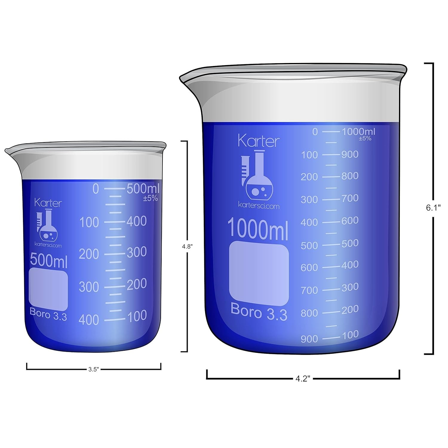 Laboratory Glass Beaker Set 6 Sizes 10ml 50ml 100ml 250ml 500ml 1000ml