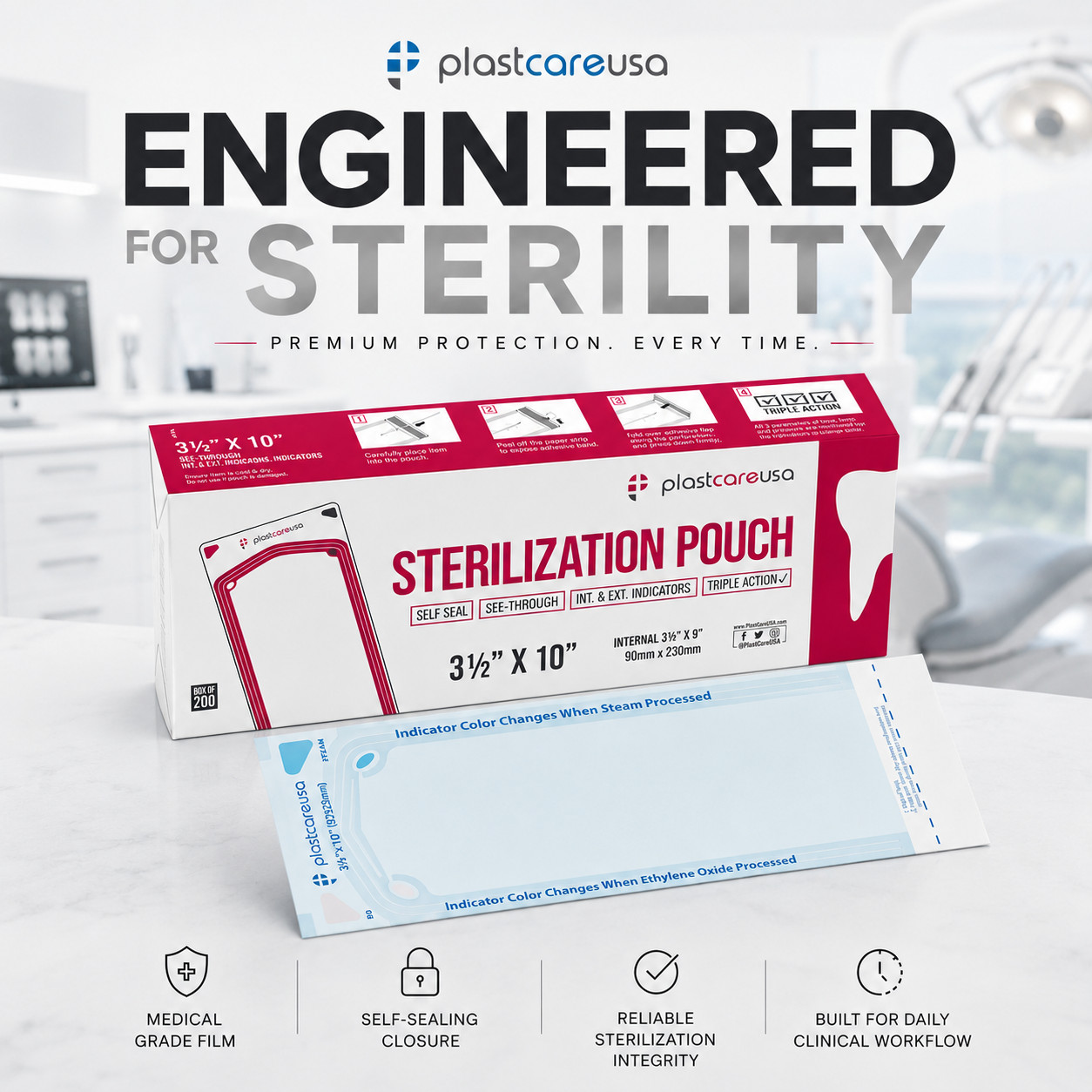 400 Self-Sealing Sterilization Pouch, 3.5″ x 10″, Paper/Blue Film (2 Boxes)