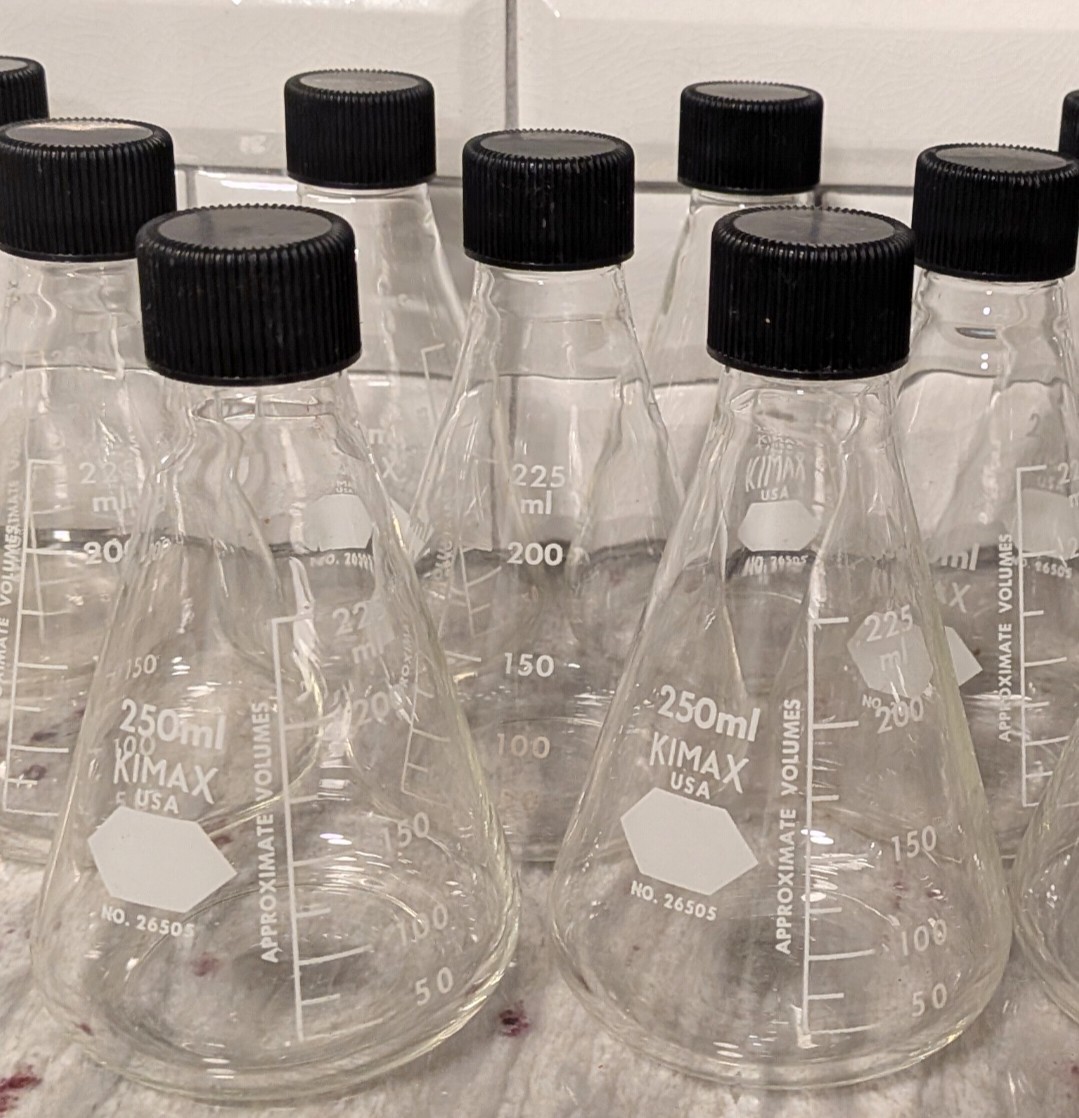 Lot of 14 Kimble Kimax Glass 250mL Erlenmeyer Culture Flasks #26505