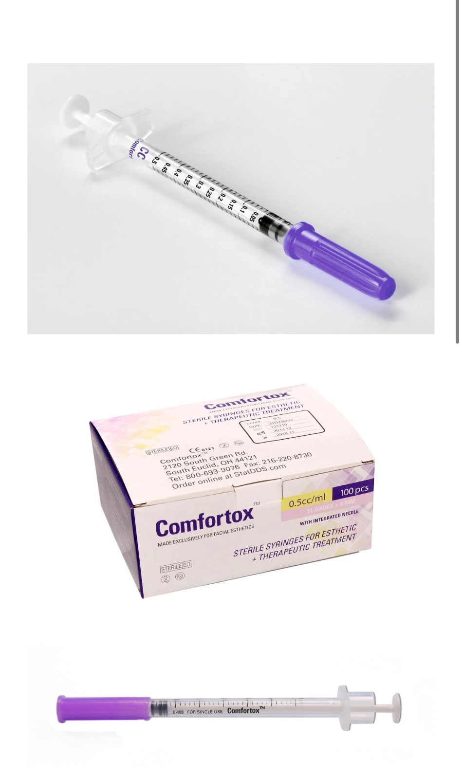 Comfortox cosmetic disposable, sterile, individually wrapped syringe
