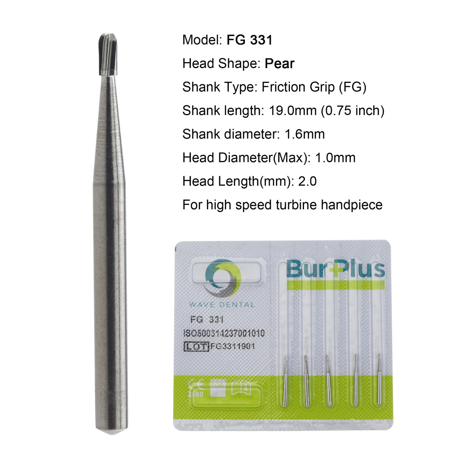 Wave Dental Surgical Burs 25mm Carbide Burs Friction Grip FG 19mm Round Pear 330