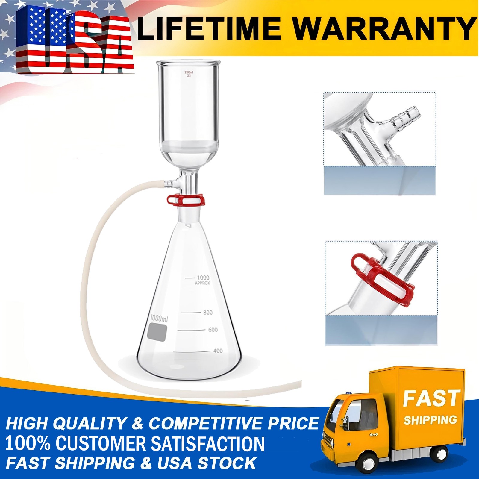 1000mL Lab Vacuum Filtration Suction Filtering Flask Glass Kit 250ml Funnel New
