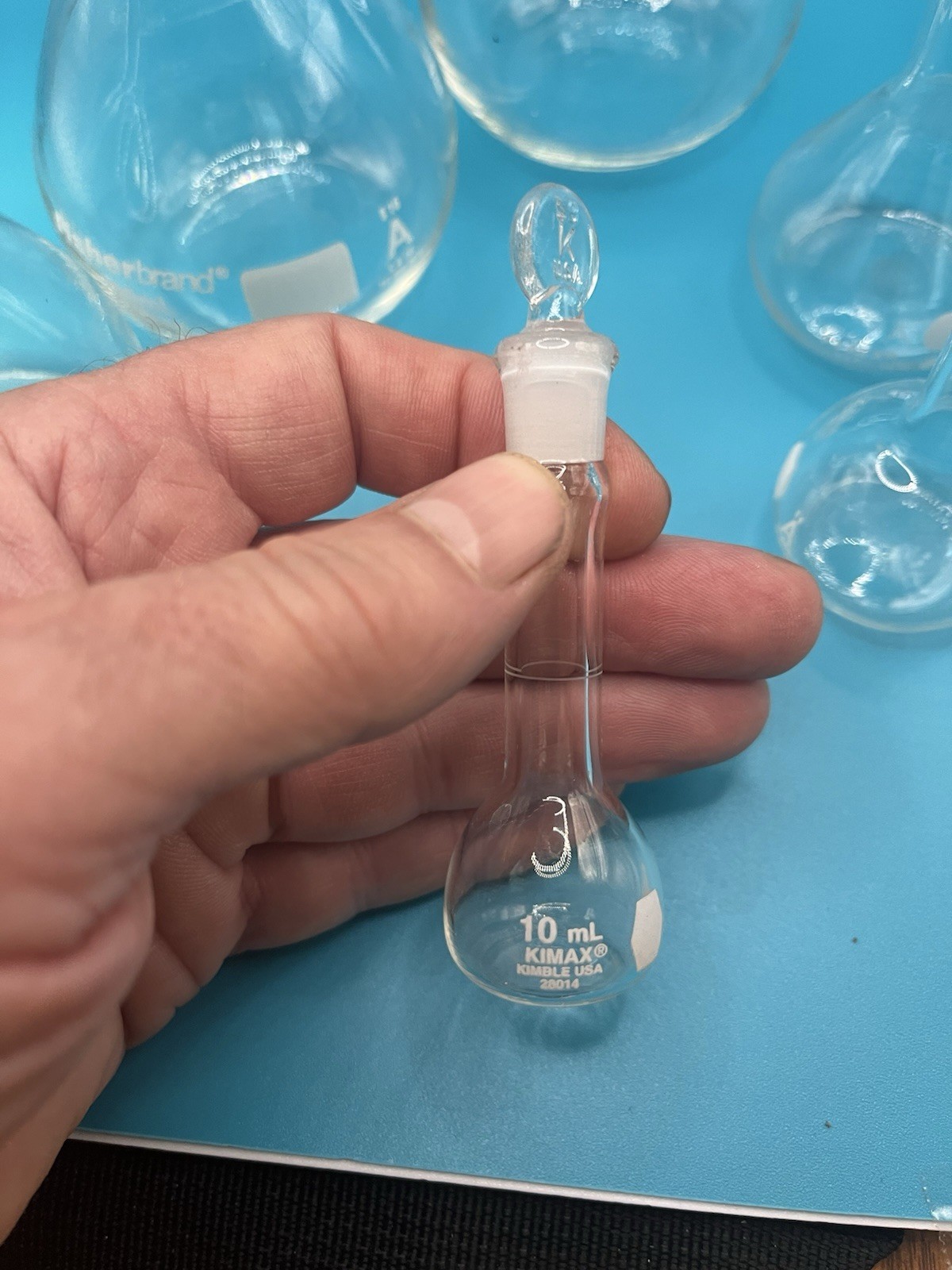 Lot 6 Volumetric Flasks sizes:10, 25, 50, 200, 250 mL Kimax Pyrex Fisherbrand