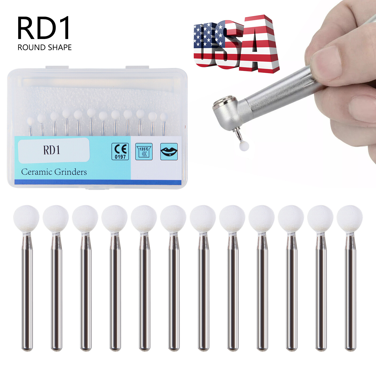 Dental White Stone Round Mounted Polishing Burs- FG 12/pks Abrasion Point Bur MD