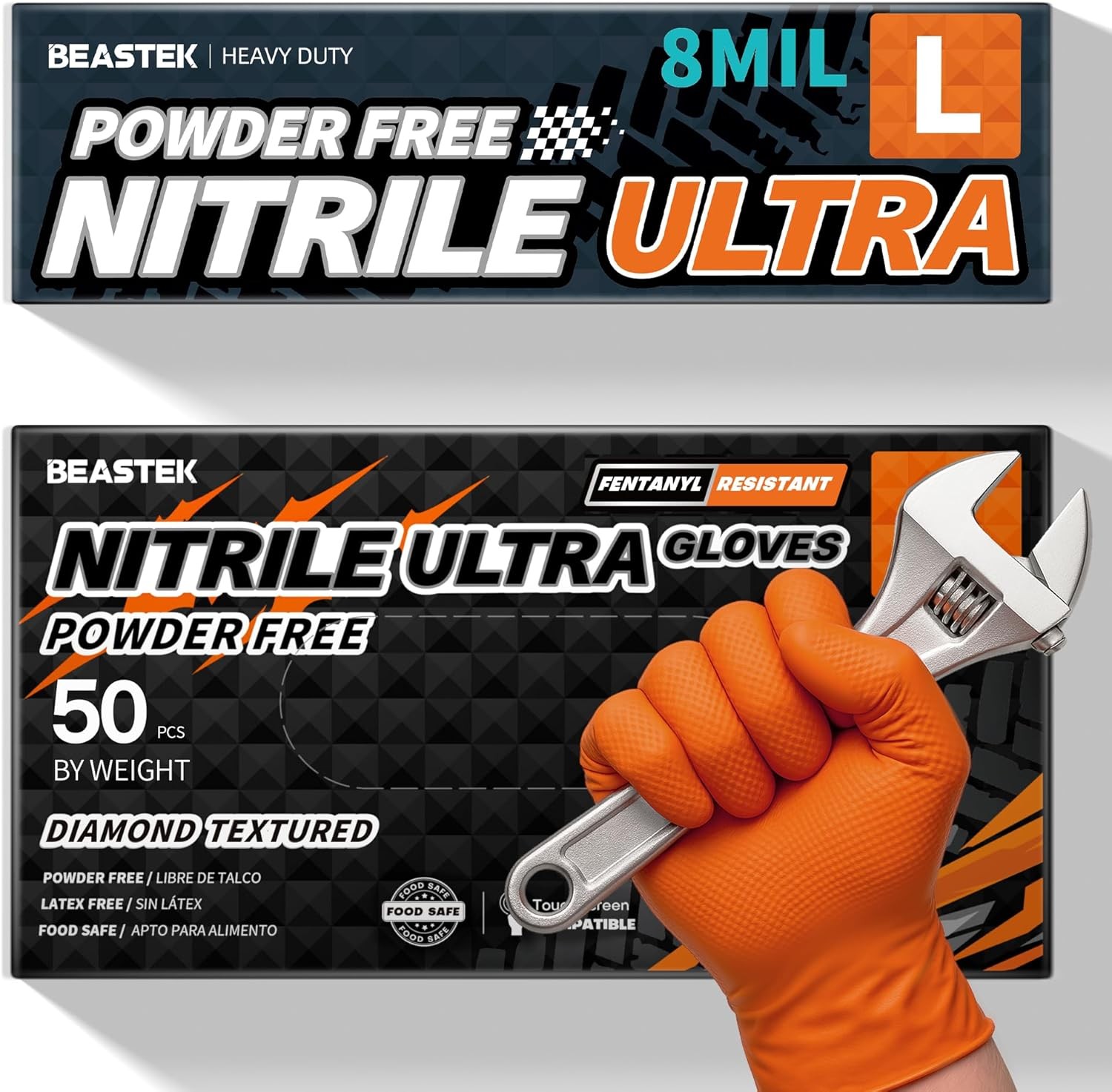 Orange Nitrile Gloves 8Mil Disposable Diamond Texture Latex & Powder-Free 50Pc