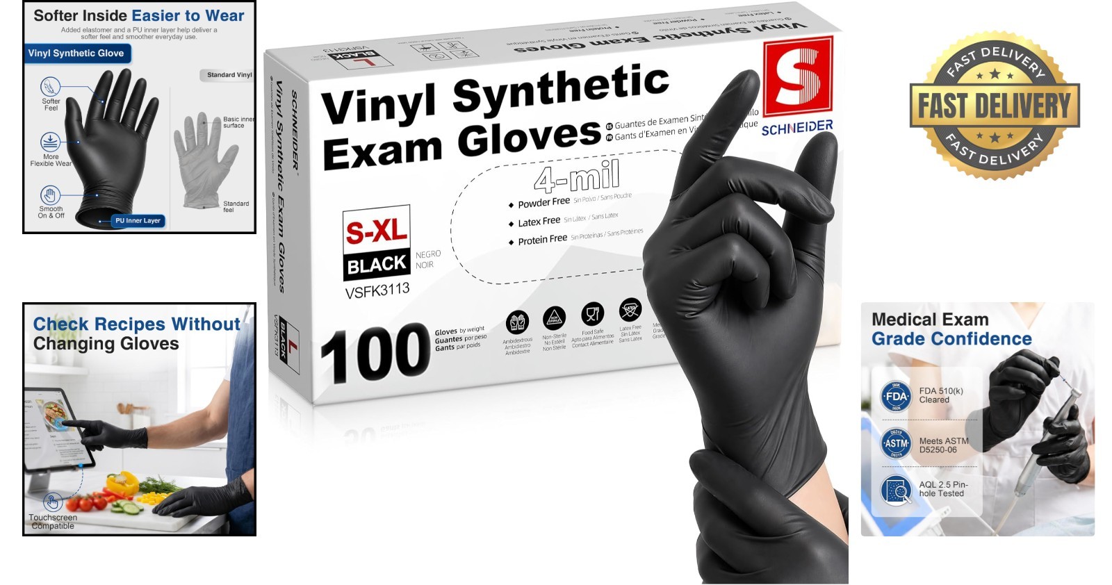 Black Vinyl Disposable Gloves – 4 Mil Latex-Free Exam & Food Prep Gloves – 10…