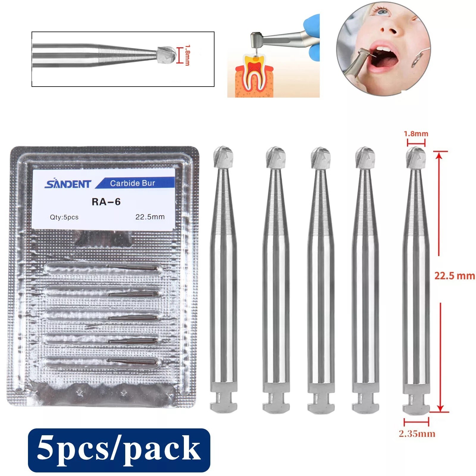 5 Pcs/Pack Dental 22.5mm Round Carbide Bur Slow Speed Latch Type RA6 Burs USA
