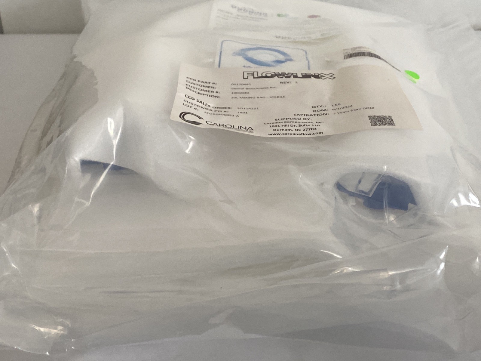 CAROLINA Bioprocess 20L DuoMix Mixing Bag w/AseptiQuik Single Use SUS-B-8008006G