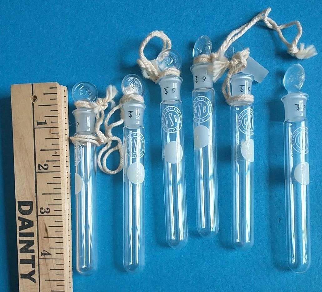 6 Vtg Antique Small STOPPERED Test Tubes 13x100mm Scientific Glass Blowing Co OS