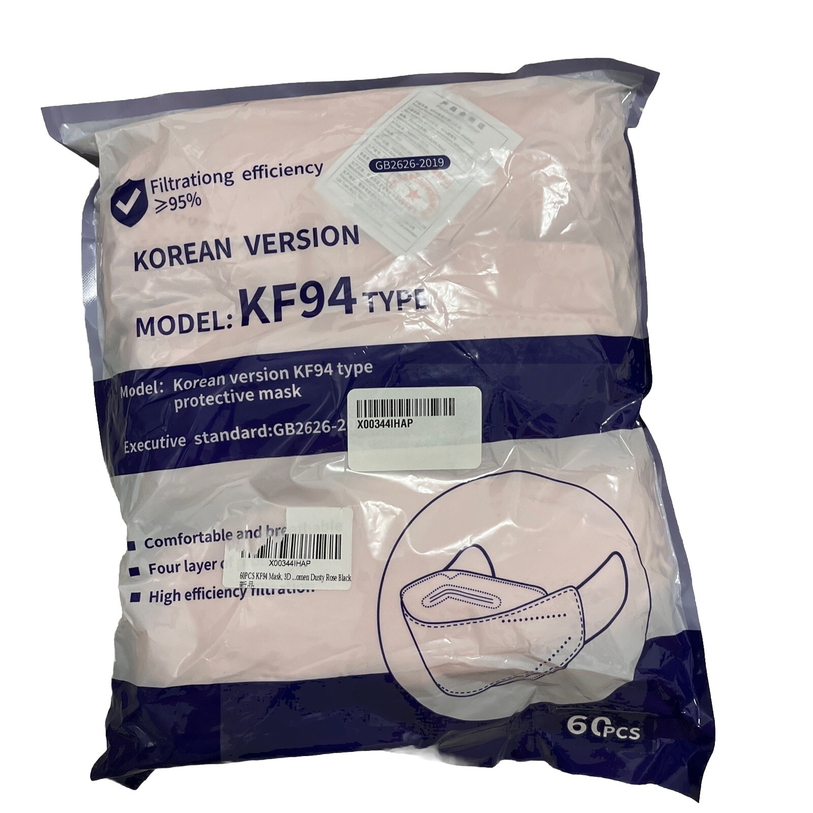 60 KF94 Korean Face Mask Made in Korea Respirators Protective Pink And Black