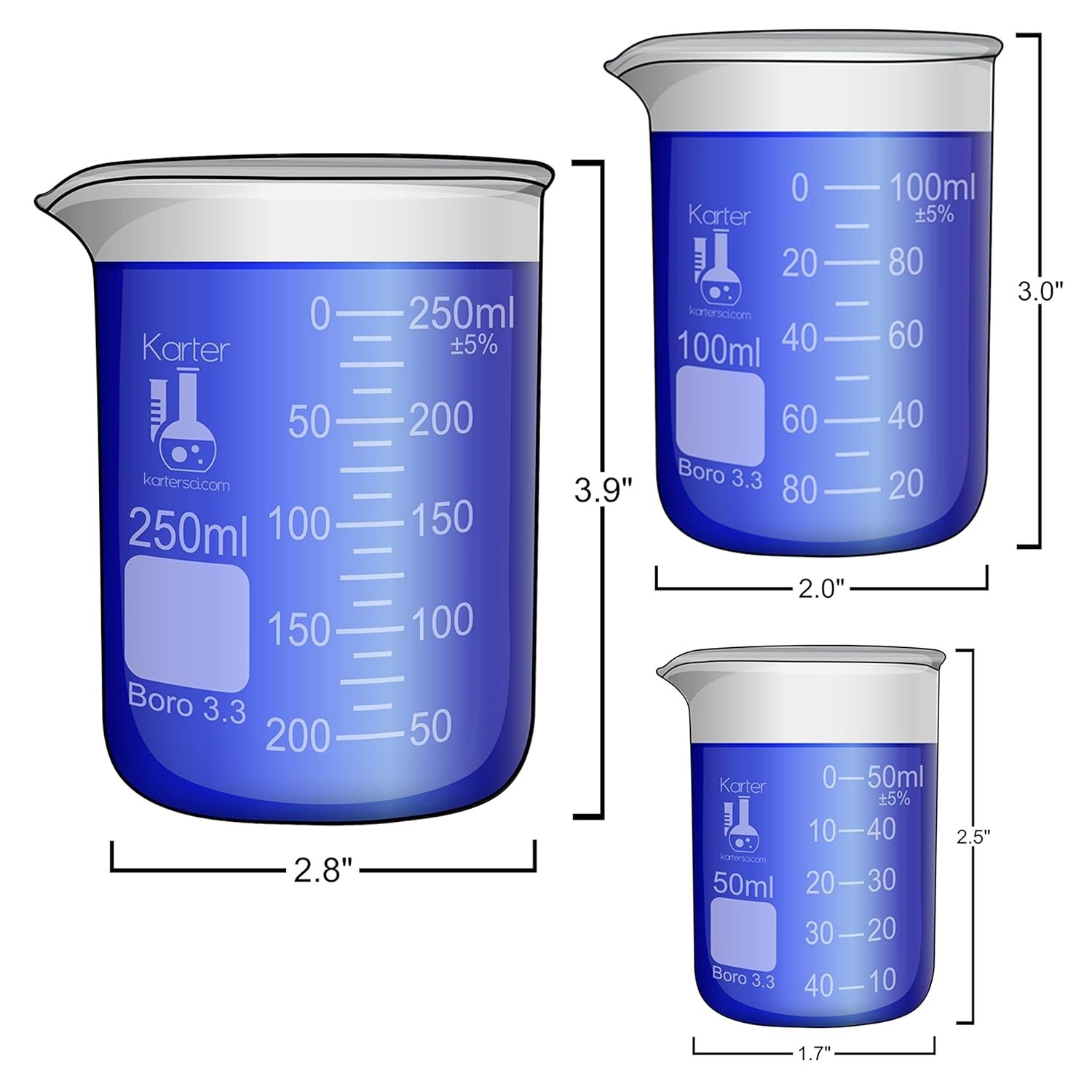 Laboratory Glass Beaker Set 6 Sizes 10ml 50ml 100ml 250ml 500ml 1000ml
