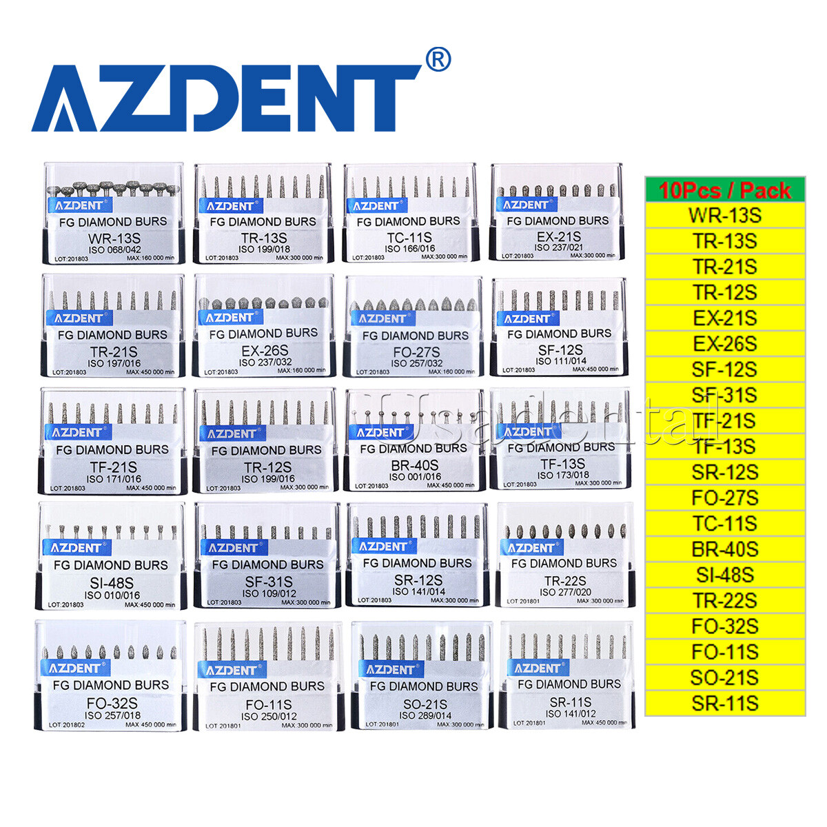 Sale Dental High Speed Handpiece Diamond Burs Drill Set 10pcs/Pack AZDENT