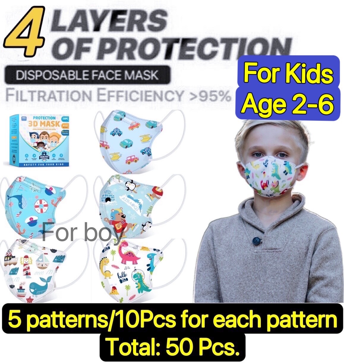 50Pcs Cartoon Kids BFE 95% Protective 4 Layer Disposable Face Mask For Boy Girls