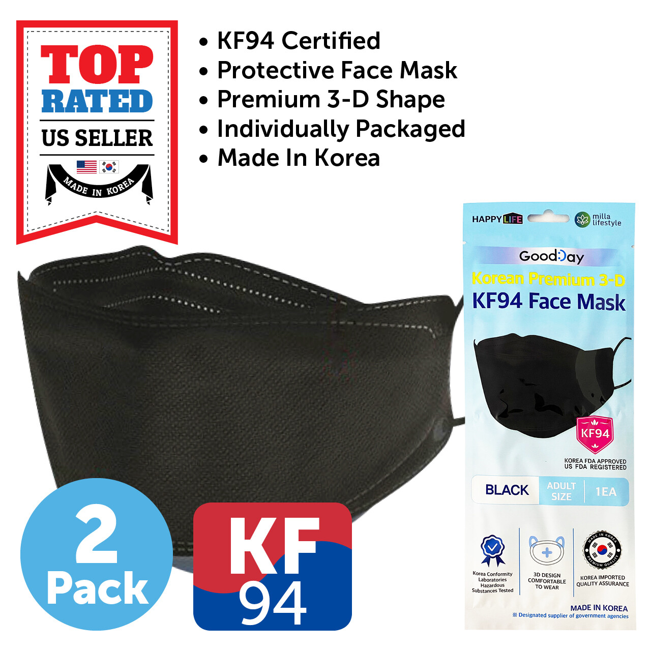 2 PCS KF94 BLACK Protective Face Mask Adult Made in Korea KFDA Approved