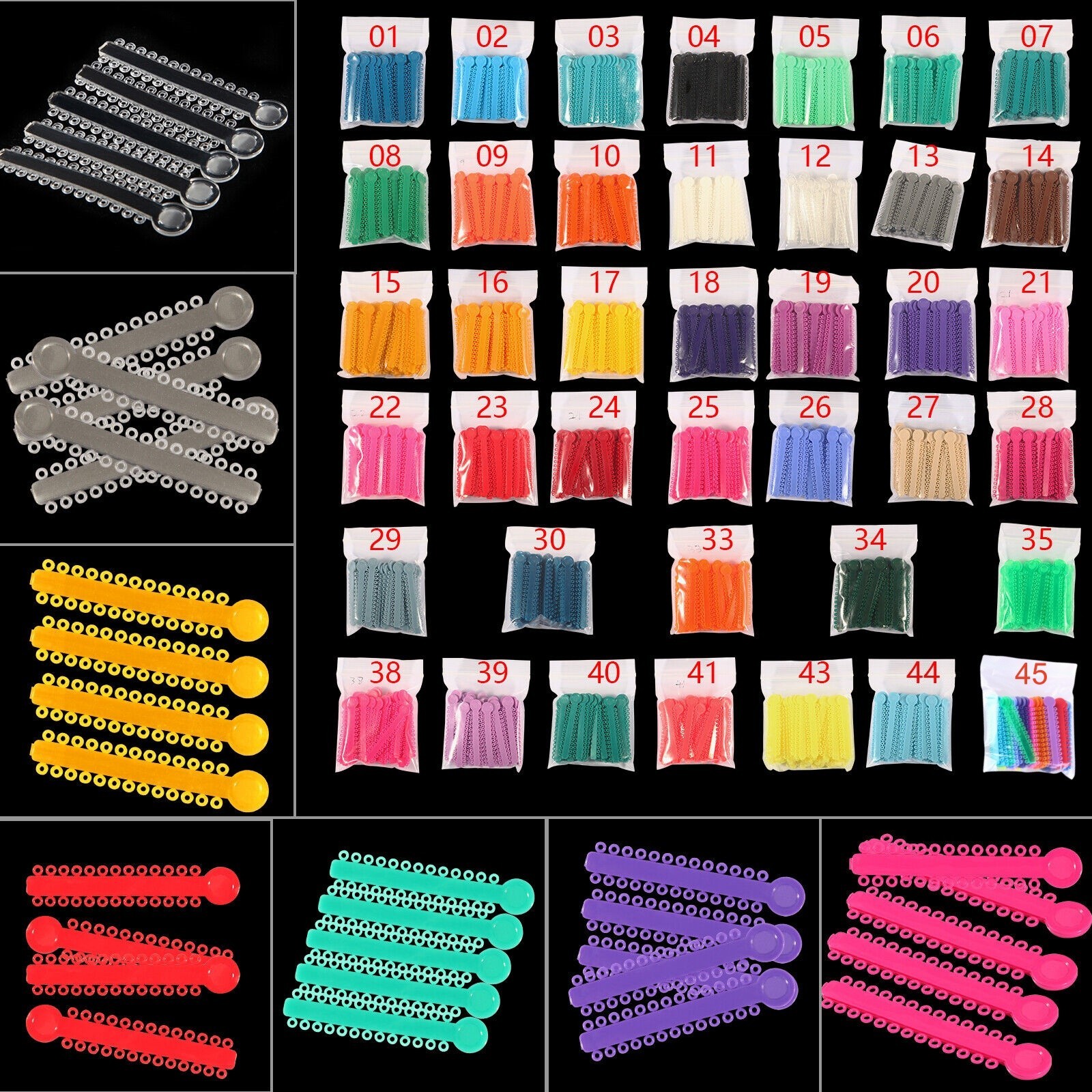 1Pack/1040Pcs Dental Ligature Ties Orthodontic Elastic Rubber Bands 44 Colors
