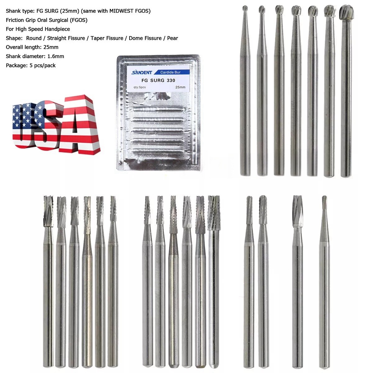 Carbide Bur Friction Grip Surgical for High Speed Handpiece Dental Tungsten