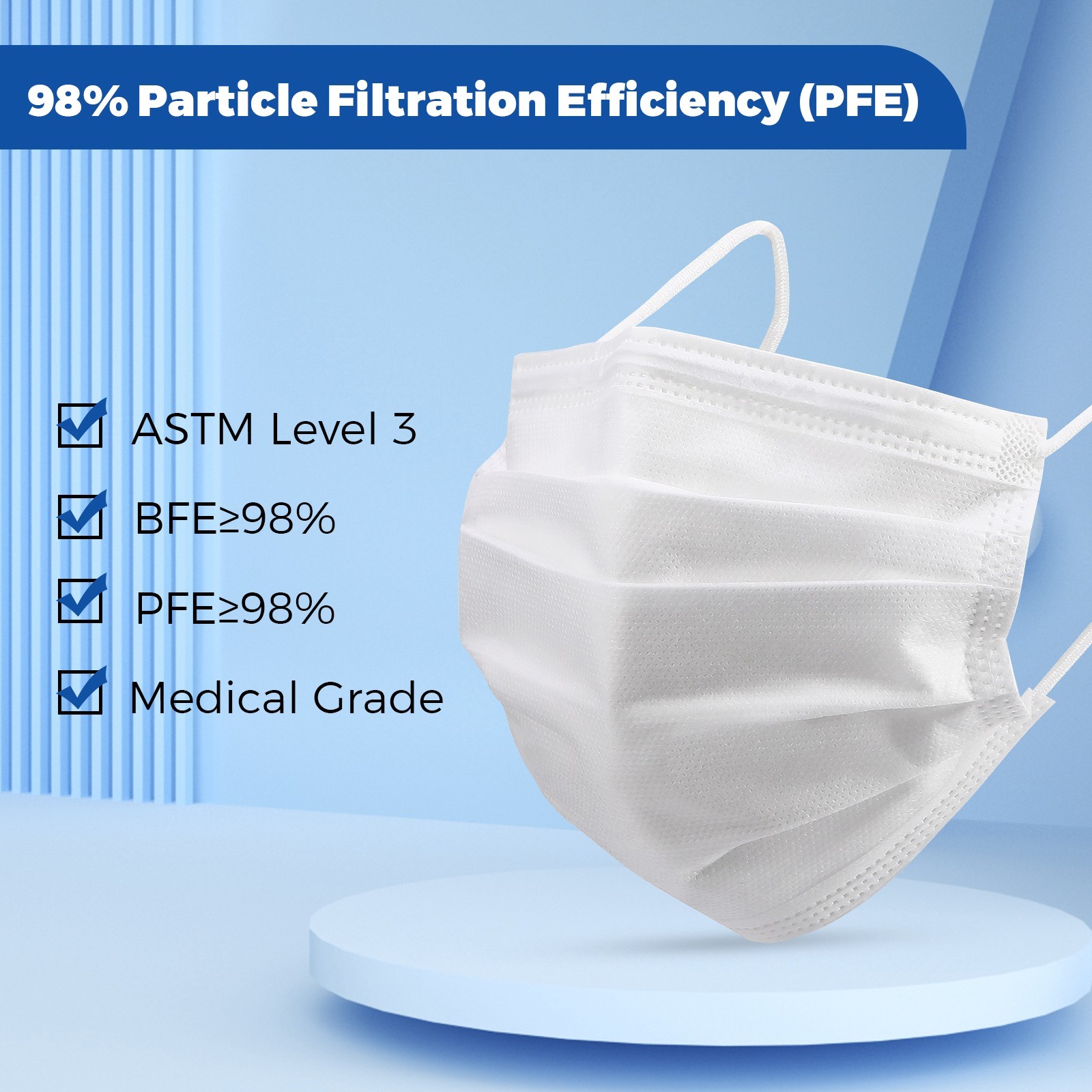 JMU Disposable Medical Face Masks, 4-Ply ASTM Level 3 Ear-Loop Face Masks 50pcs