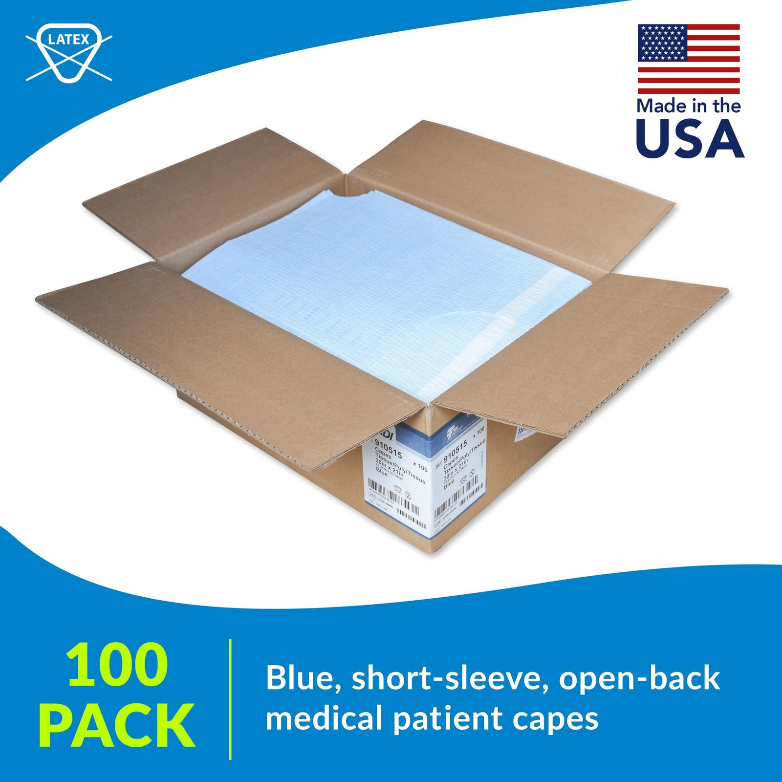 Choice Capes, Blue (Pack of 100) – Tissue/Poly/Tissue – Short-Sleeve, Open-Back
