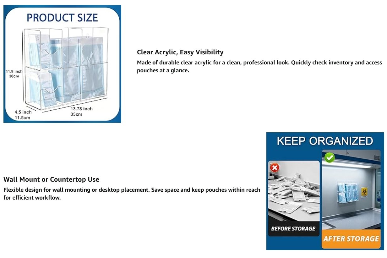 Sterilization Pouch Organizer –4-Compartment Acrylic Dispenser Holder,Wall Mount